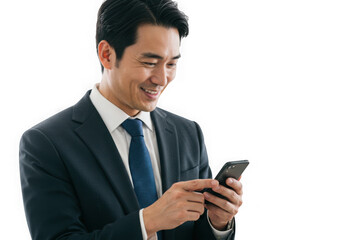 Businessman using mobile phone smiling face on transparent background