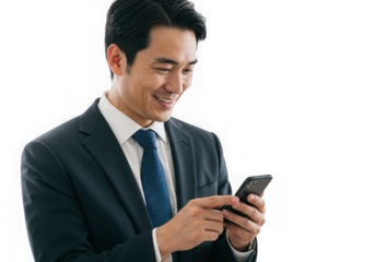 Businessman using mobile phone smiling face on transparent background