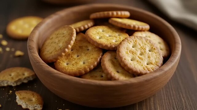 Round crackers in a wooden bowl