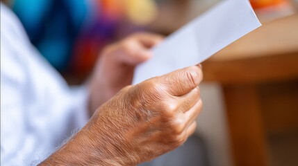 Obraz premium Close-up of elderly hands holding a letter, showcasing textured skin and gentle grip, with a blurred background of colorful objects and a wooden table, conveying emotion and nostalgia