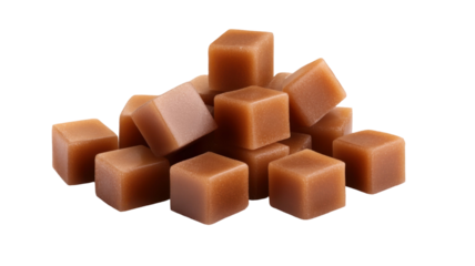 Brown Sugar Cubes Sweet Candy Stack Isolated in Closeup on White Background