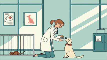 Veterinary clinic scene with doctor and pets