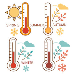 Temperature icons with thermometers and seasonal colors