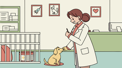 Flat vector showing vet examining pets with medical tools and clinic interior.

