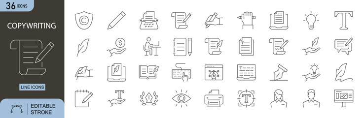 Copy writing icons set. Includes icons for content creation, typewriter, keyboard, idea, writing process, SEO, headline, editing, proofreading, storytelling, and marketing message. Line icons. 
