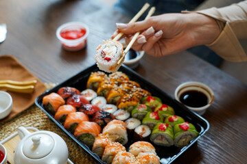 Sushi. Fast food. The concept of Japanese cuisine.