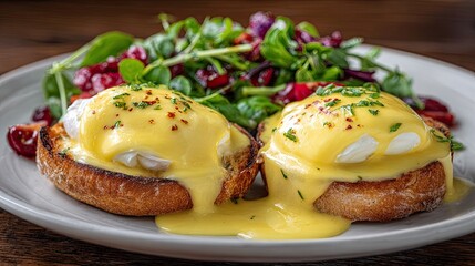 Two eggs benedict on toasted English muffins, alongside a mixed salad