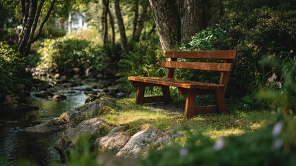 Fototapeta premium A serene wooden bench by a gentle stream surrounded by lush greenery, perfect for relaxation in nature.