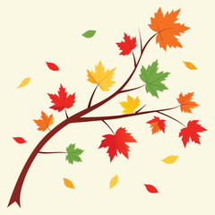 A stylized illustration of a tree branch adorned with colorful maple leaves in shades of red orange yellow and green with a few leaves falling gently