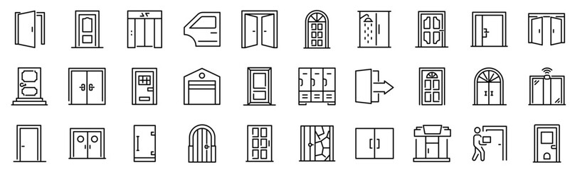 Set of 30 outline icons related to door. Linear icon collection. Editable stroke. Vector illustration