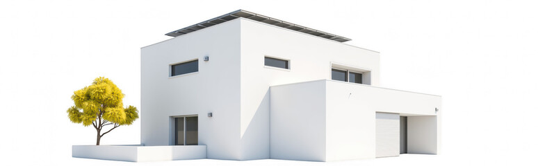 Fototapeta premium Modern house design white exterior solar panels minimalist architecture large windows tree in front contemporary style residential building