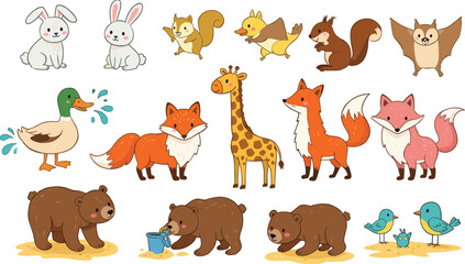 Cute cartoon animals, forest wildlife illustration, baby animals clipart, bear fox rabbit giraffe duck, children nature drawing, woodland creatures vector, fun animal design