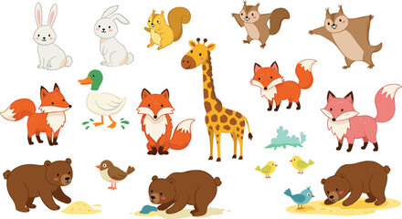 Cute woodland animals, cartoon forest creatures, playful wildlife illustration, baby animals drawing, bear fox rabbit squirrel giraffe duck bird, kids animal clipart design vector © Creatives Mind