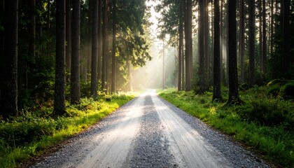 Obraz premium A scenic gravel road winds through a tranquil pine forest with golden sunbeams filtering through the trees at sunrise.