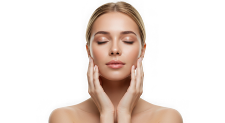 Beautiful woman with eyes closed touching her face gently isolated on transparent background