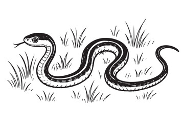Hand drawn black and white illustration of a snake slithering through tall grass