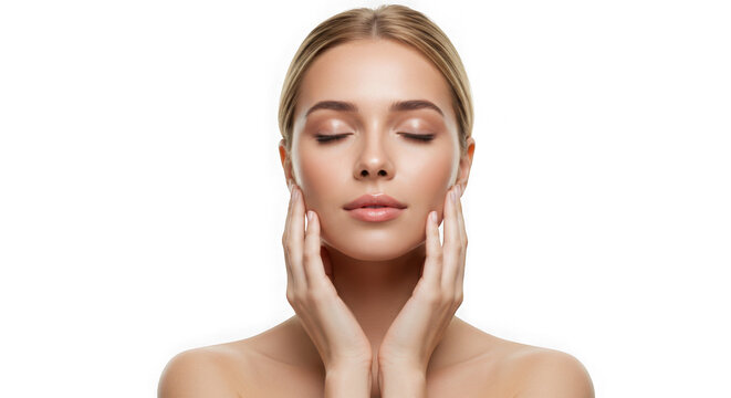 Beautiful woman with eyes closed touching her face gently isolated on transparent background