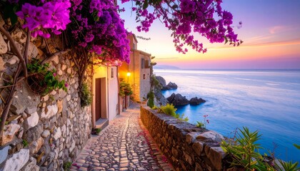 A narrow cobblestone street on a cliff above the blue sea, with vibrant purple flowers at sunset.