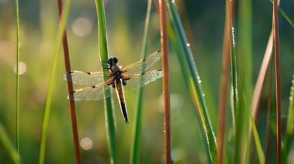 Close-up of a dragonfly on reed.
