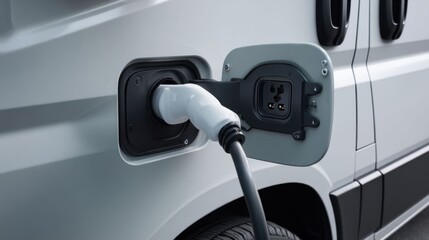 Close-up of an electric van charging.