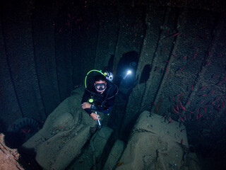 Scuba diver explores a sunken ship, SS Thistlegorm, filled with fish in total underwater silence in...