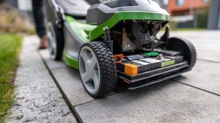 Close-up of electric mower battery.