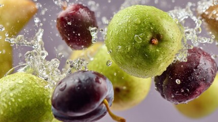 Fruits splashing in water.