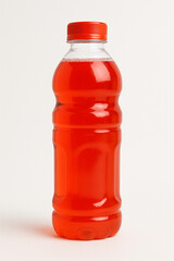 Red plastic bottle with juice or sauce on a white background