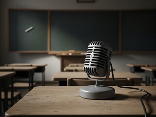 A vintage microphone sits on a wooden desk in an empty classroom ready for a presentation or speech with a chalkboard in the background