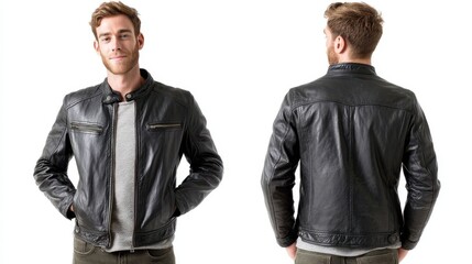 Man in black leather jacket.
