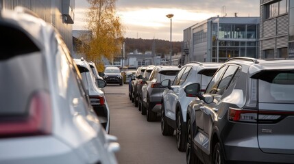 Line of German electric SUVs at sunset.