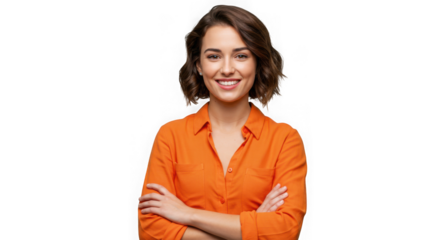 Smiling woman with brown hair wearing an orange shirt arms crossed isolated on transparent background