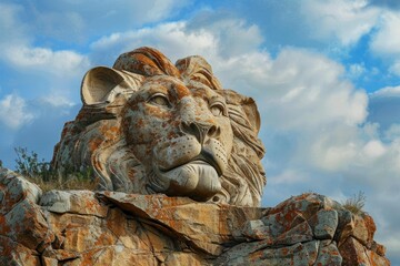 Stone lion head emerging from rocky terrain with a cloudy blue sky in the background