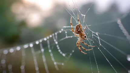 Macro shot of a spider on a dewy web.