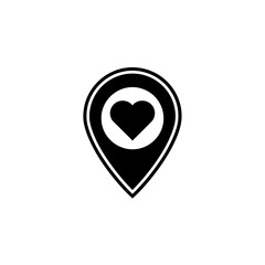 Black location pin with heart isolated on white background signifies love