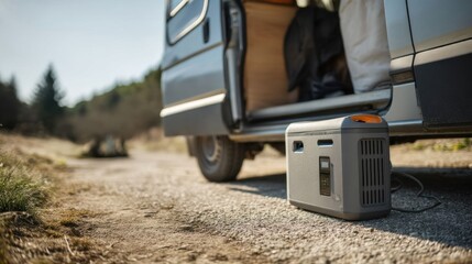 Portable power station beside a van.