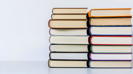 Stacked books of various colors, side-by-side, against a white background.  The books are hardback, with different colored covers.  A collection of volumes, creating a visual display of knowledge