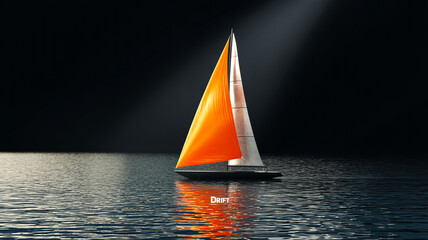 A dramatic sailboat with vivid orange sail contrasts sharply against a pitch-black sea and sky