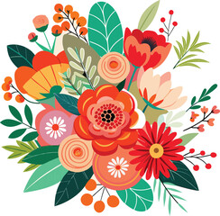 Colorful Floral Vector Illustration with Leaves and Wildflowers on White Background