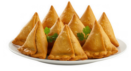 A plate filled with delicious golden brown samosas garnished with fresh green herbs isolated on transparent background