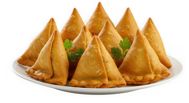 A plate filled with delicious golden brown samosas garnished with fresh green herbs isolated on transparent background