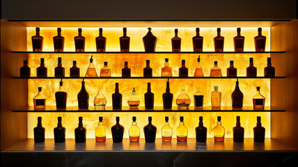 A lot of liquor bottles on shelves in a bar, amber yellow lighting