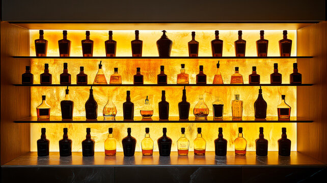 A lot of liquor bottles on shelves in a bar, amber yellow lighting - Powered by Adobe