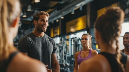 A group of people smiling and talking at the gym