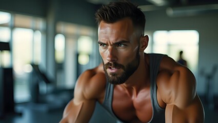Fototapeta premium Focused Muscular Man Exercising Vigorously in a Modern Gym Environment