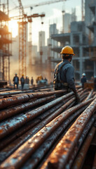 Close-up of rusted steel rebar stack with active construction site and warm industrial glow.