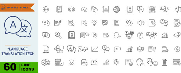 Language Translation Technology Icon Pack – 60 Line Icons Featuring Speech Tools, Document Interfaces, Multilingual Access & Translator UI Symbols