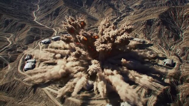 Top-down drone view of bunker destroyed by precision strike. Mountain terrain upheaval from underground explosion. 8K shockwave and dust realism.