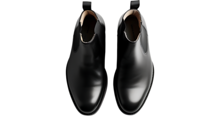 Topdown view of elegant black leather chelsea boots isolated on transparent background, showcasing their classic design and polished finish, perfect for adding a touch of sophistication to any outfit