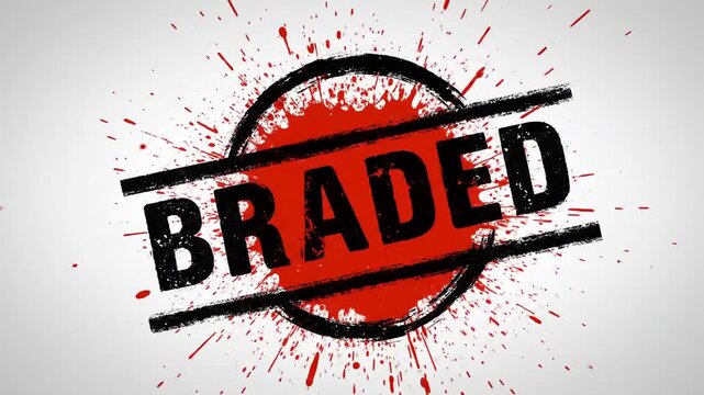Dynamic animation of the word BRADED, stylized with grunge effects and a red splatter background